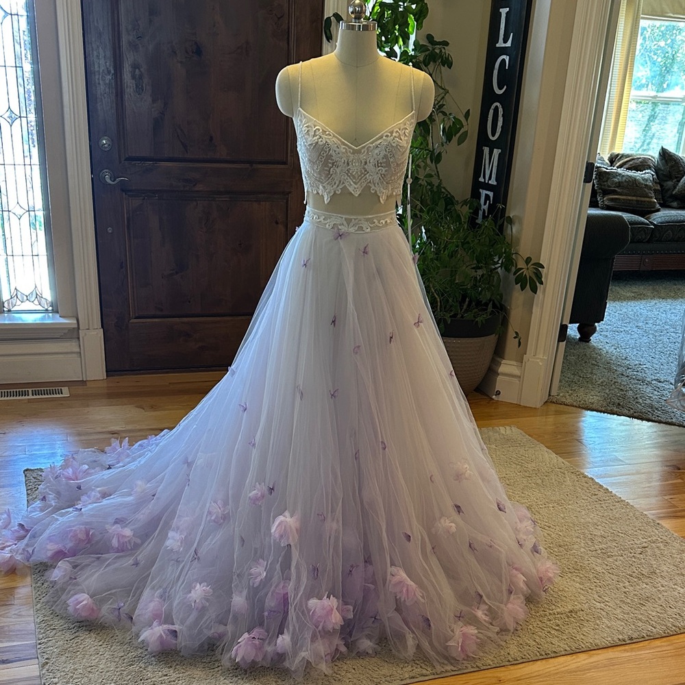 Elegant Light Ivory and Lavender Floral and Butterfly Gown